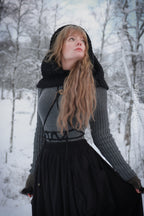 Handwoven hood in black wool and alpaca.