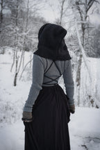 Handwoven hood in black wool and alpaca.