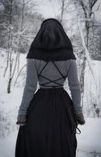 Handwoven hood in black wool and alpaca.