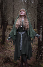 Handwoven hooded shawl in forest green wool and alpaca.