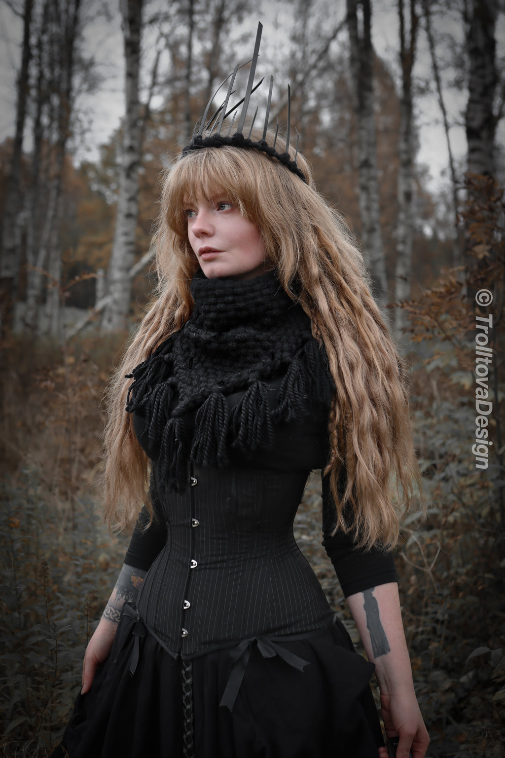 Handwoven triangle scarf in black wool and alpaca made from scrap yarn.