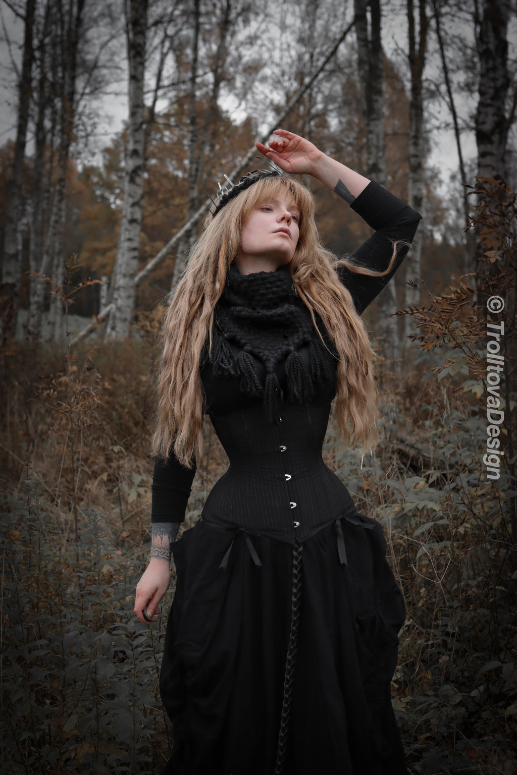 Handwoven triangle scarf in black wool and alpaca made from scrap yarn.