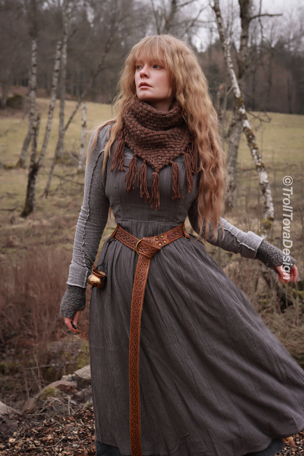 Handwoven triangle scarf in brown wool and alpaca made from scrap yarn.