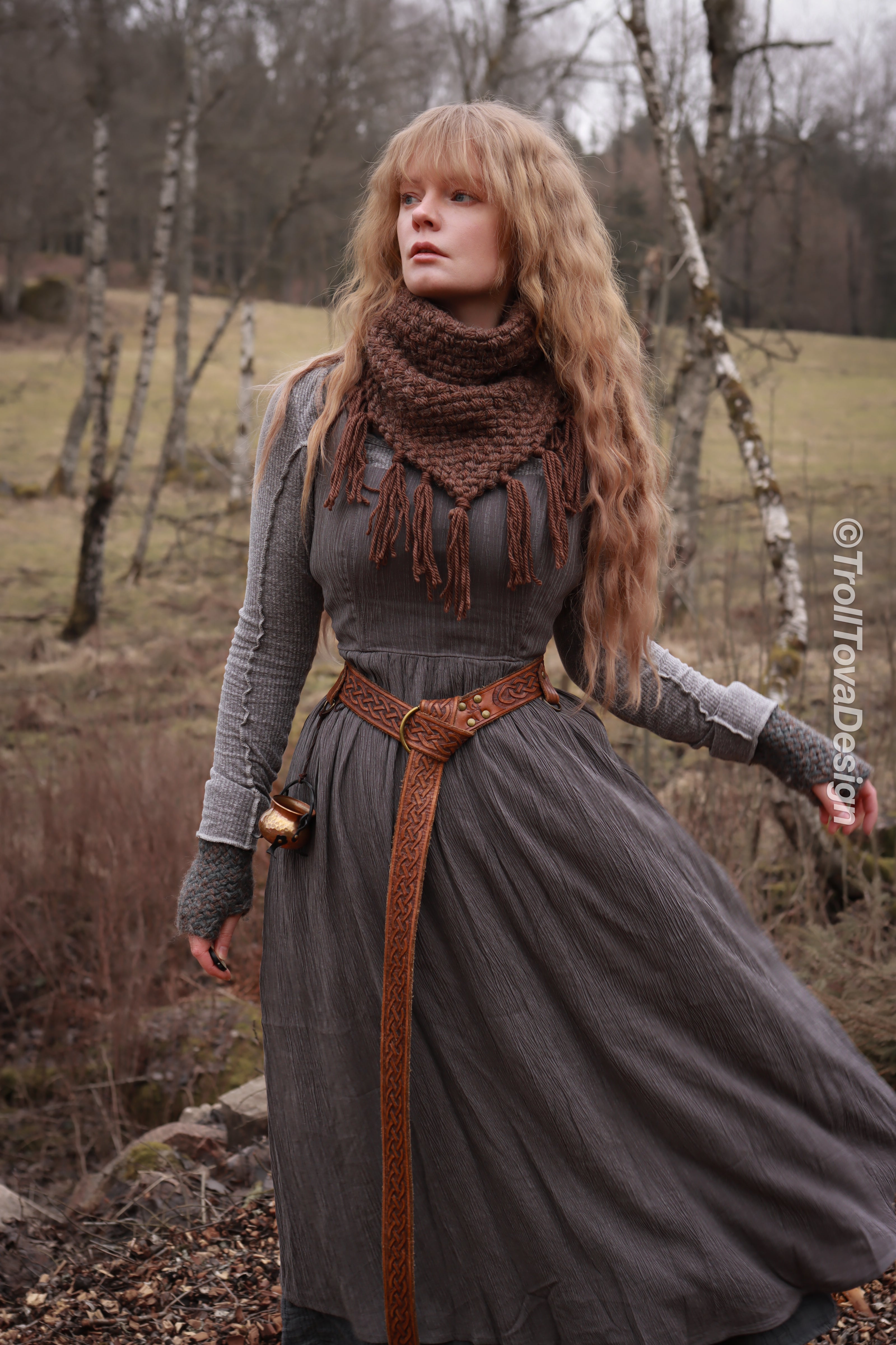Handwoven triangle scarf in brown wool and alpaca made from scrap yarn.