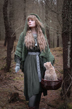 Handwoven hooded shawl in forest green wool and alpaca.