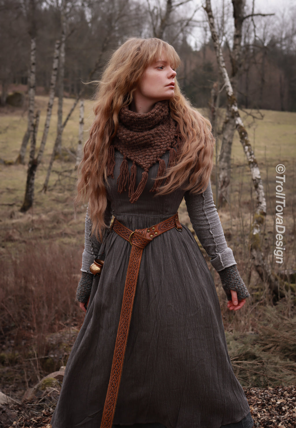 Handwoven triangle scarf in brown wool and alpaca made from scrap yarn.