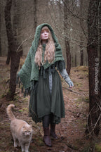 Handwoven hooded shawl in forest green wool and alpaca.