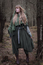 Handwoven hooded shawl in forest green wool and alpaca.