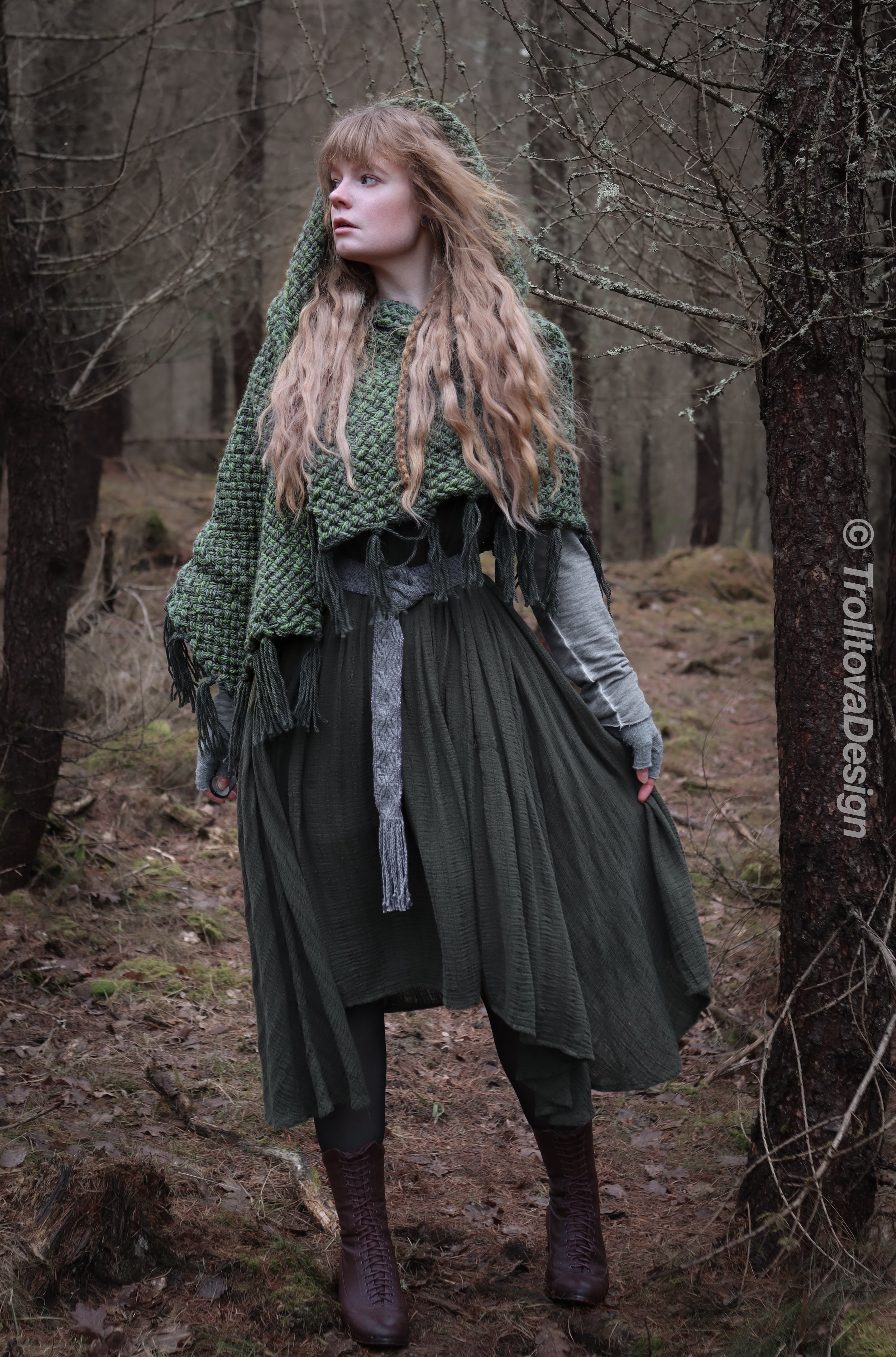 Handwoven hooded shawl in forest green wool and alpaca.
