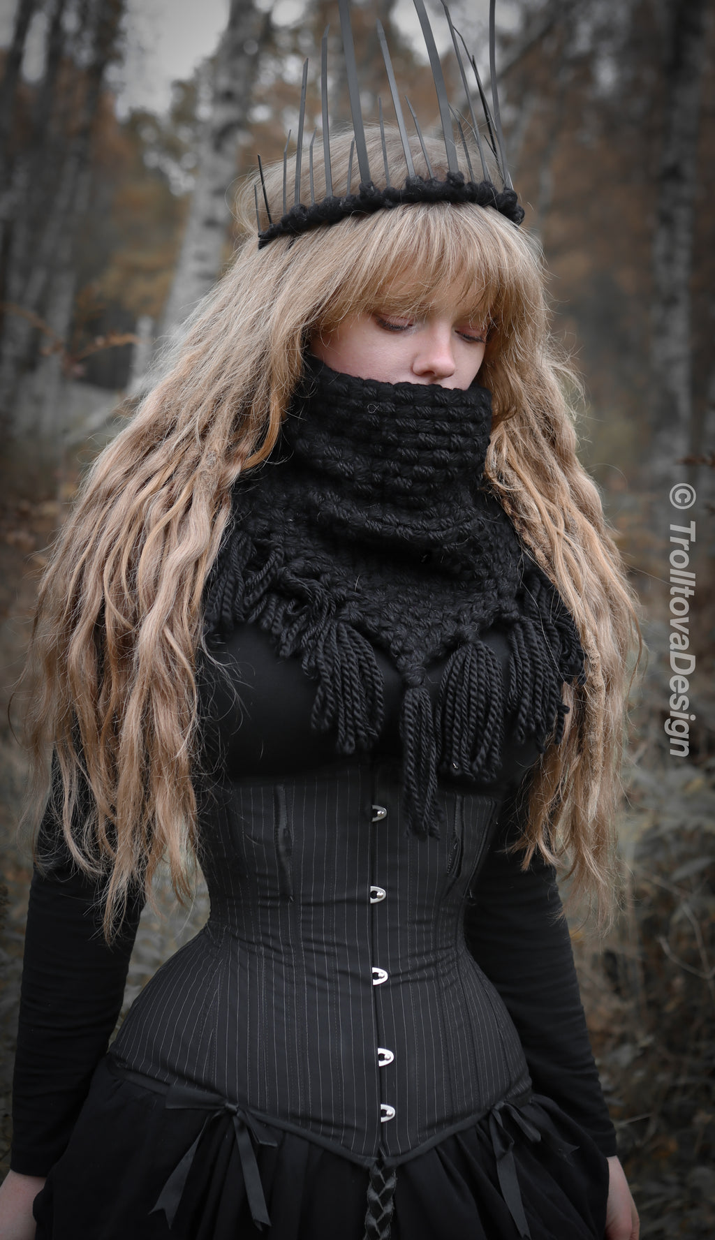 Handwoven triangle scarf in black wool and alpaca made from scrap yarn.