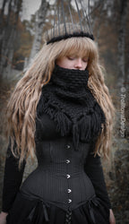 Handwoven triangle scarf in black wool and alpaca made from scrap yarn.