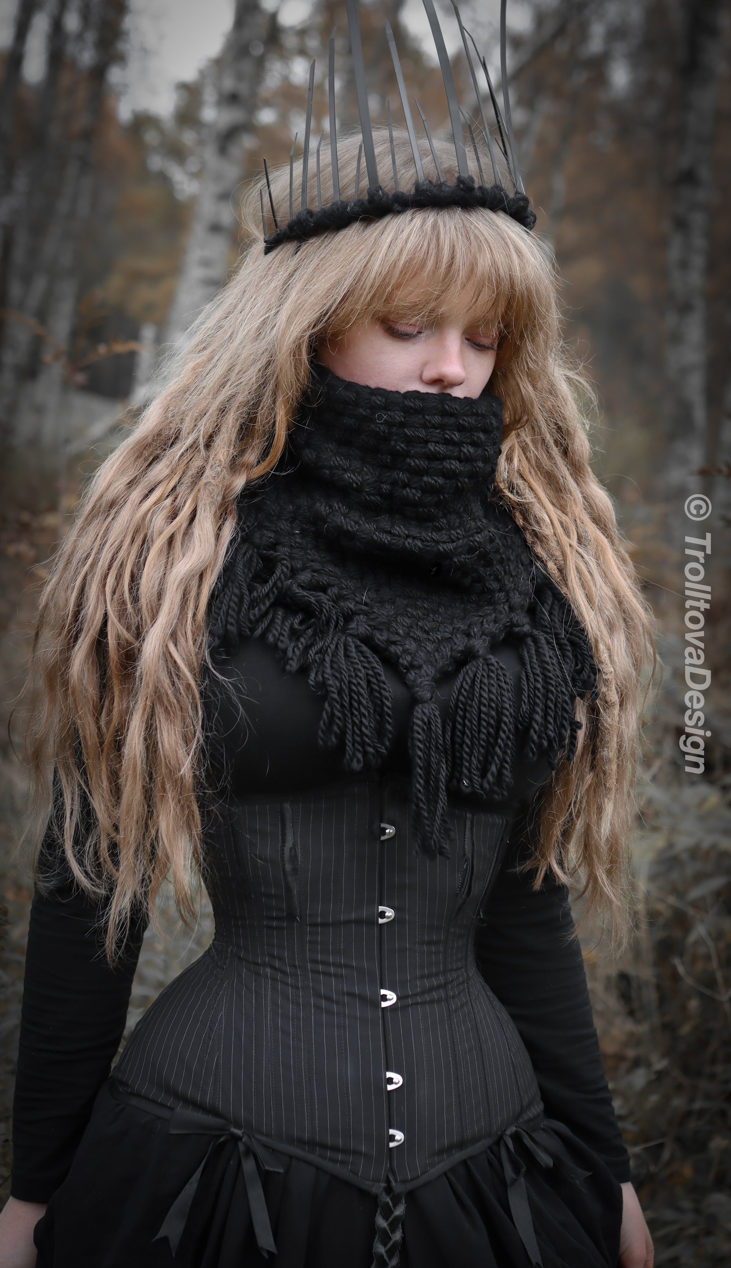 Handwoven triangle scarf in black wool and alpaca made from scrap yarn.