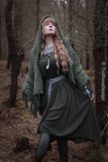 Handwoven hooded shawl in forest green wool and alpaca.