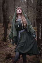 Handwoven hooded shawl in forest green wool and alpaca.