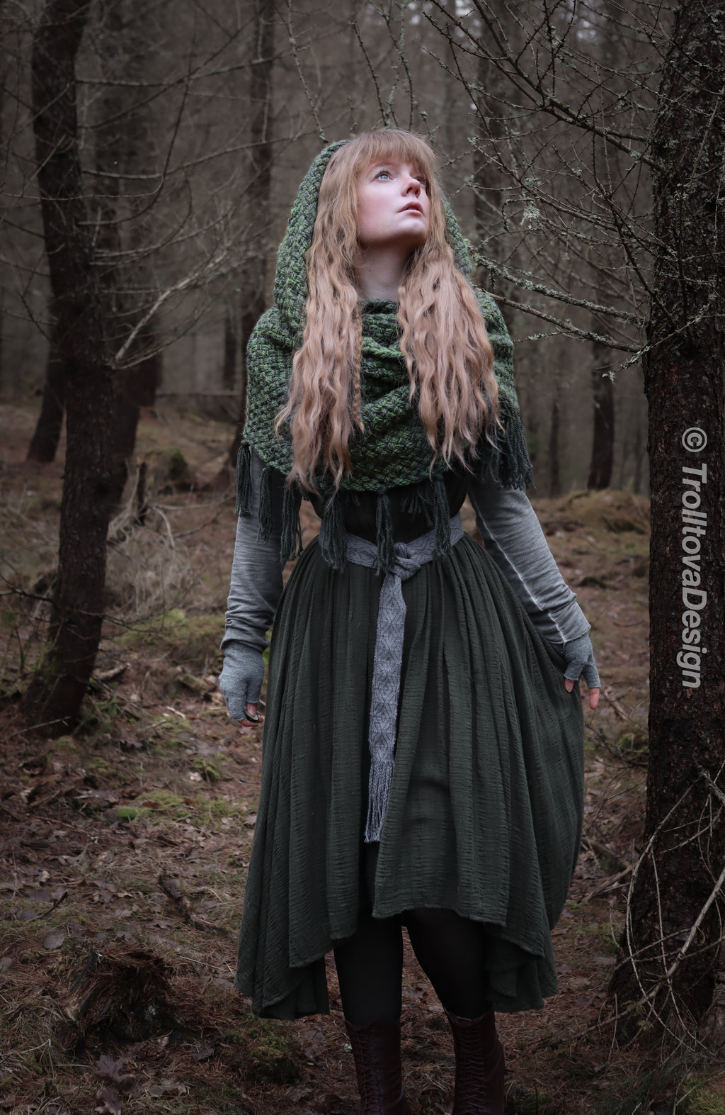 Handwoven hooded shawl in forest green wool and alpaca.