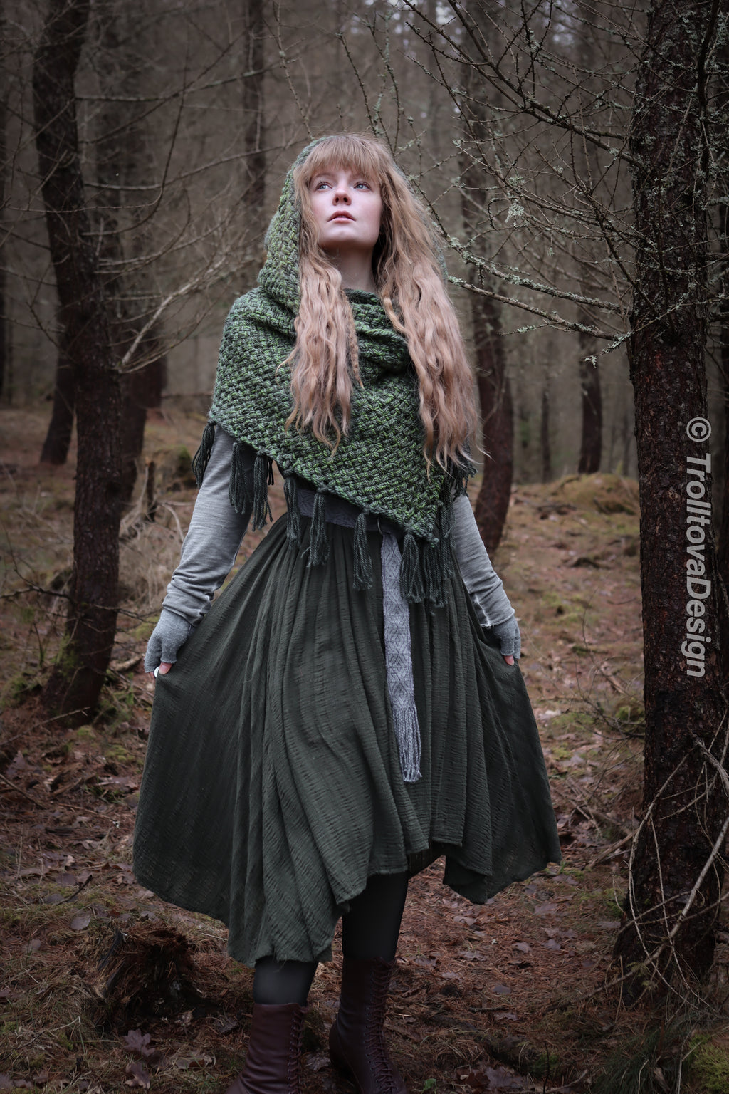 Handwoven hooded shawl in forest green wool and alpaca.