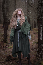 Handwoven hooded shawl in forest green wool and alpaca.