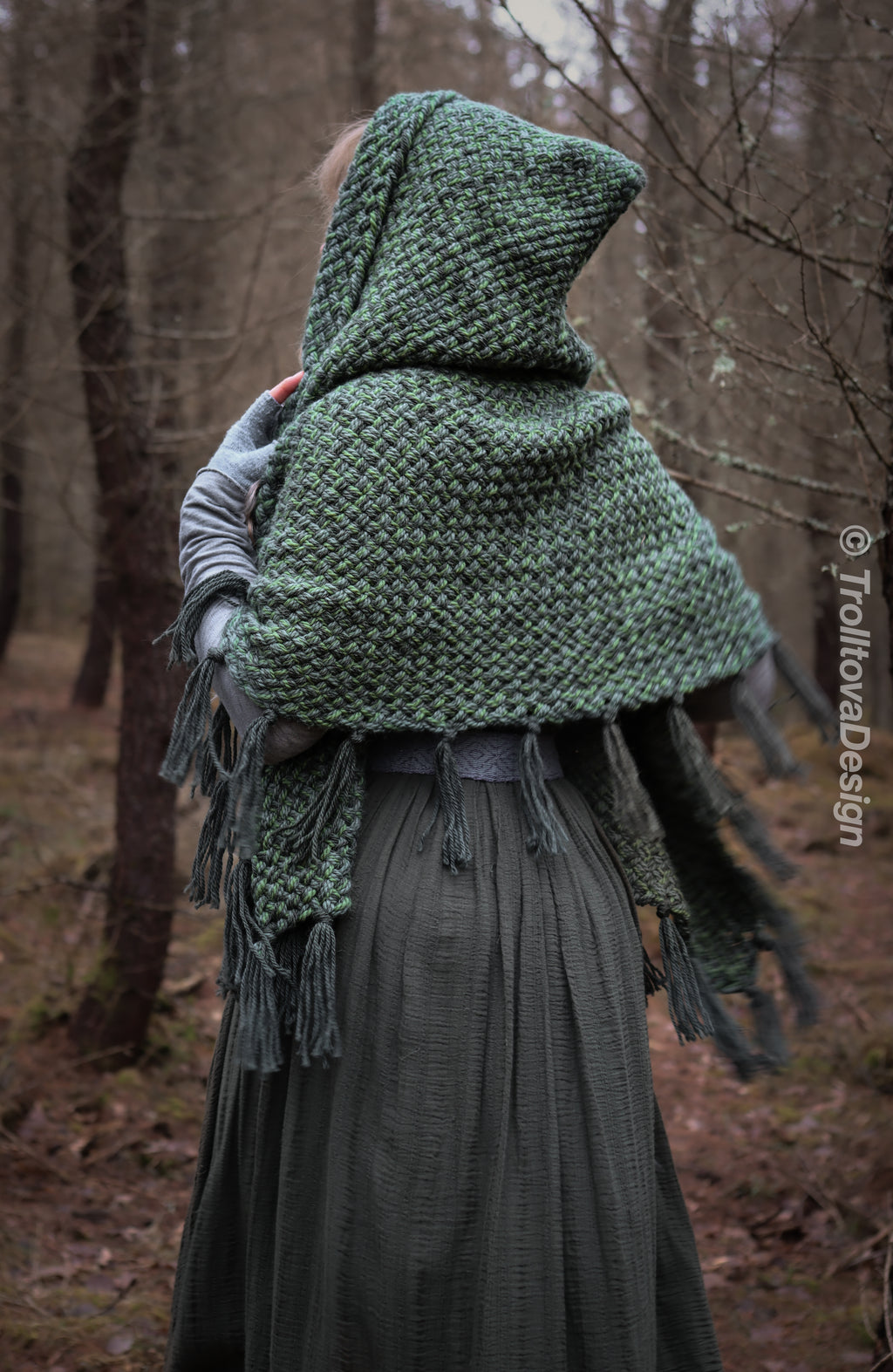 Handwoven hooded shawl in forest green wool and alpaca.