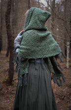 Handwoven hooded shawl in forest green wool and alpaca.