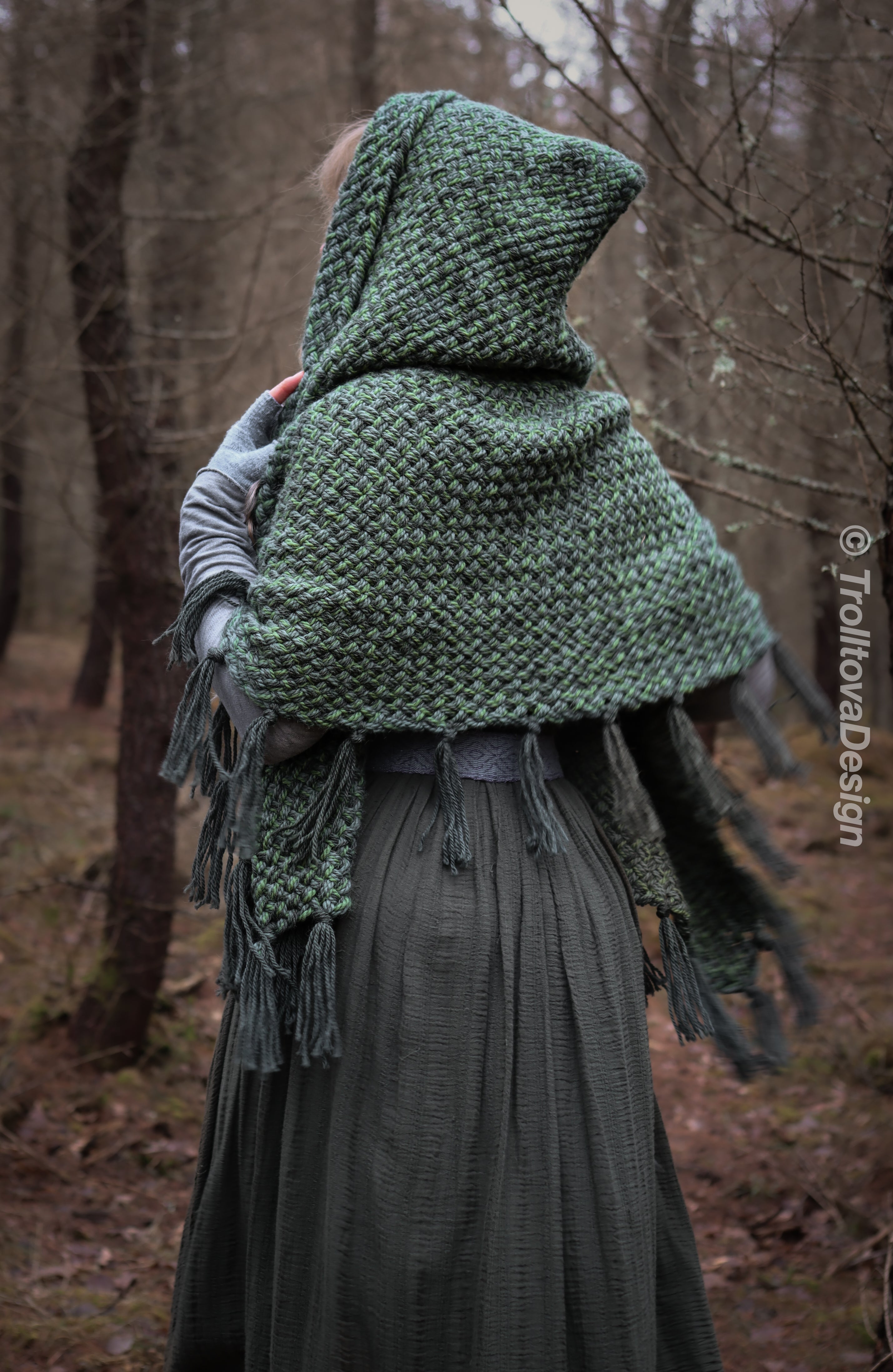 Handwoven hooded shawl in forest green wool and alpaca.
