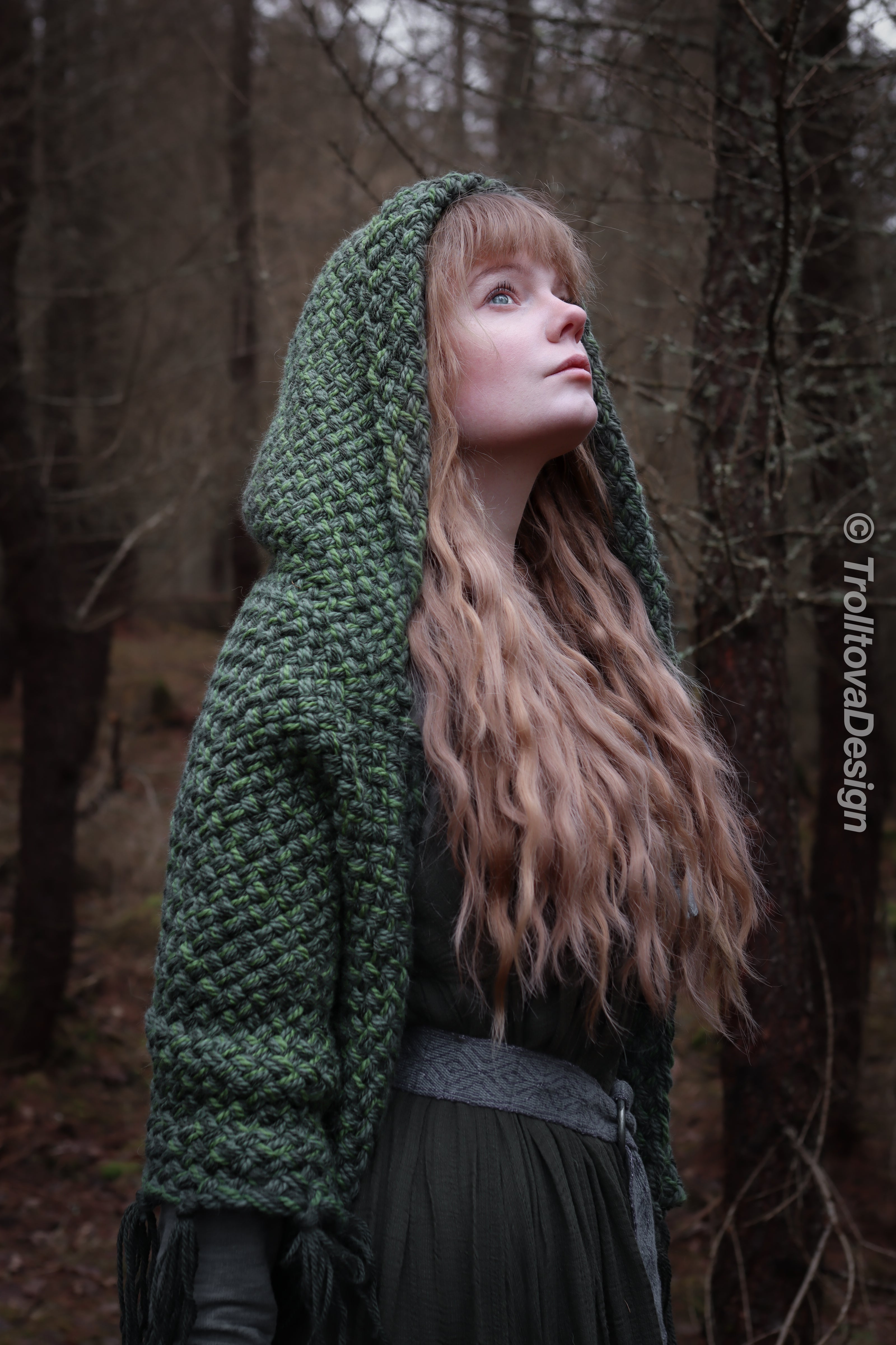 Handwoven hooded shawl in forest green wool and alpaca.