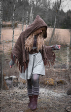 Handwoven hooded shawl in brown wool and alpaca.