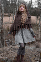 Handwoven hooded shawl in brown wool and alpaca.