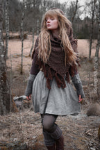 Handwoven hooded shawl in brown wool and alpaca.