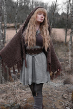 Handwoven hooded shawl in brown wool and alpaca.