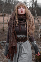 Handwoven hooded shawl in brown wool and alpaca.