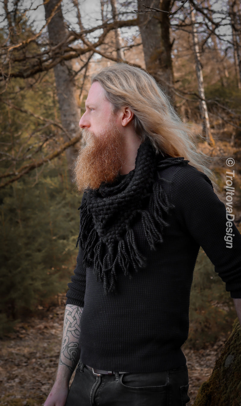 Handwoven triangle scarf in black wool and alpaca.