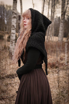 Small handwoven Skjoldehamn inspired hood in black wool and alpaca.