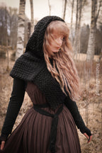 Small handwoven Skjoldehamn inspired hood in black wool and alpaca.