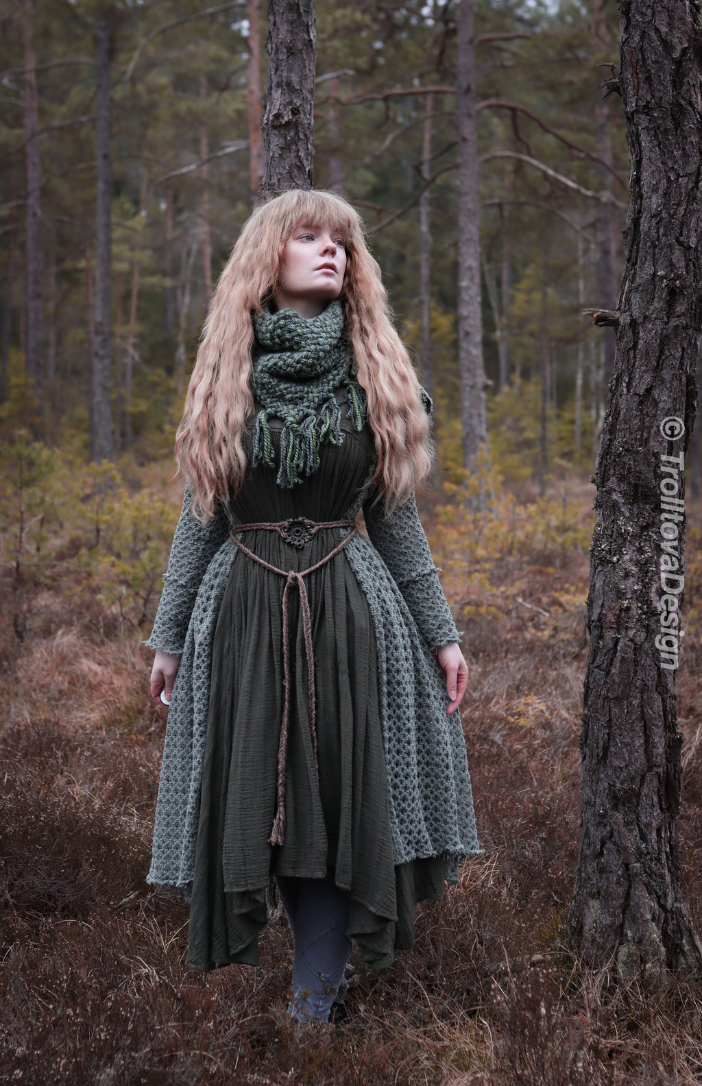 Handwoven triangle scarf in forest green wool and alpaca made from scrap yarn.