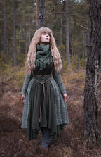Handwoven triangle scarf in forest green wool and alpaca made from scrap yarn.