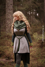 Handwoven snood in forest green wool and alpaca with drawstring.