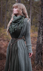 Handwoven triangle scarf in forest green wool and alpaca made from scrap yarn.