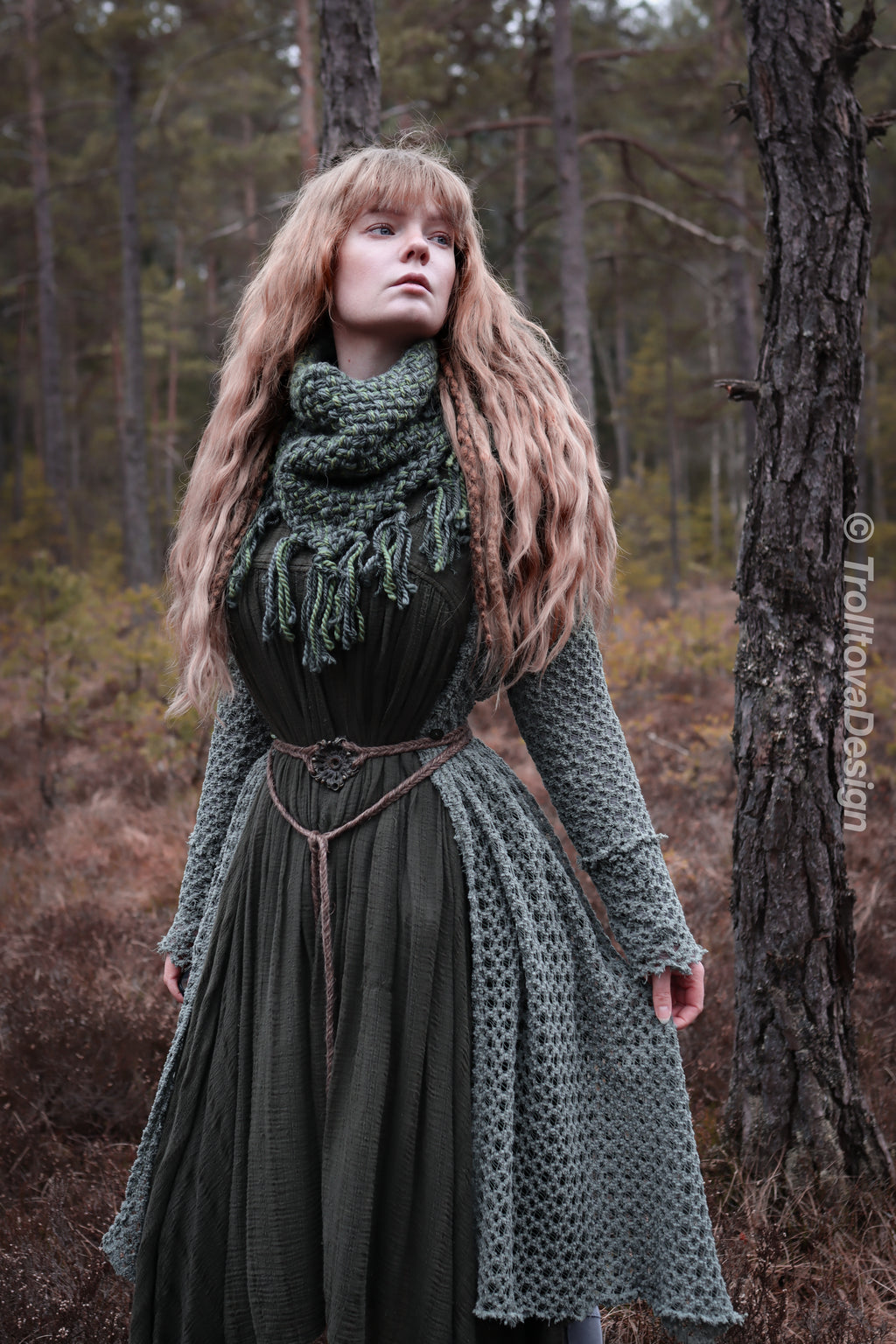 Handwoven triangle scarf in forest green wool and alpaca made from scrap yarn.