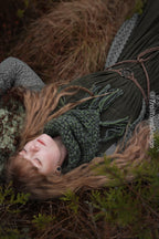 Handwoven triangle scarf in forest green wool and alpaca made from scrap yarn.