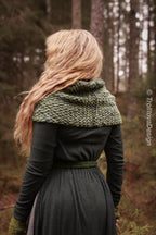 Handwoven snood in forest green wool and alpaca with drawstring.