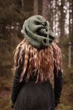 Handwoven snood in forest green wool and alpaca with drawstring.