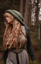 Handwoven snood in forest green wool and alpaca with drawstring.