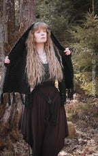 Handwoven big rectangular shawl in black wool and alpaca.