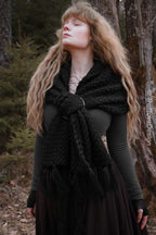 Handwoven big rectangular shawl in black wool and alpaca.