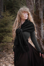 Handwoven big rectangular shawl in black wool and alpaca.