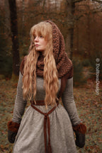 Handwoven snood in brown wool and alpaca with drawstring.