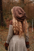 Handwoven snood in brown wool and alpaca with drawstring.