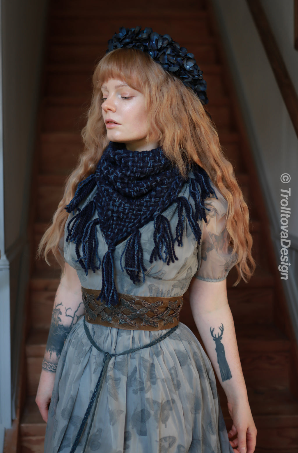 Handwoven triangle scarf in blue wool and alpaca, made from yarn scraps.