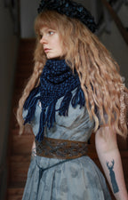 Handwoven triangle scarf in blue wool and alpaca, made from yarn scraps.