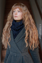 Handwoven triangle scarf in blue wool and alpaca, made from yarn scraps.
